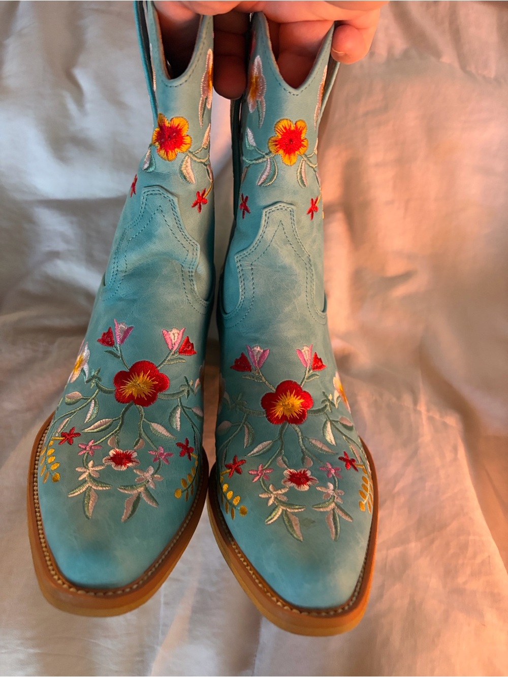 Turquoise Floral Embroidered Western Heeled Boots - Women - Picture 2 of 7